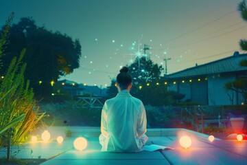 Young Asian Woman Enjoying Serene Evening Outdoors, Reflecting on Virtual Constellations