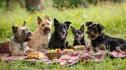 Multiple dogs of varying breeds and sizes are sitting together on top of a colorful blanket