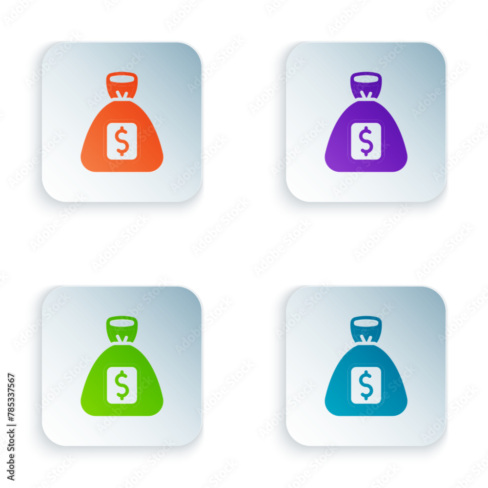 Sticker color money bag icon isolated on white background. dollar or usd symbol. cash banking currency sign.