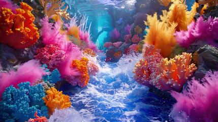 An underwater scene featuring vibrant colors with a steady stream of water flowing through the environment