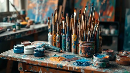 Table of an artist covered with lots of paint and with numerous brushes and art tools on top of it