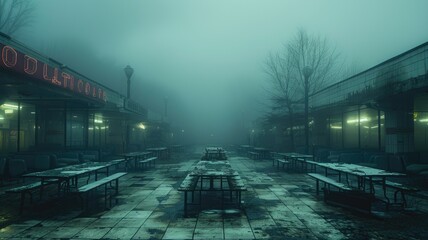 Misty deserted diner in eerie blue light - An unsettling image of an abandoned diner enveloped in fog with neon signs glowing dimly, creating a mysterious atmosphere