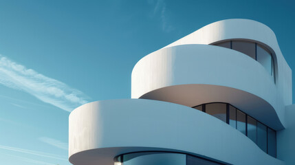 A modern tall white building with curved windows stands against a clear blue sky - Powered by Adobe