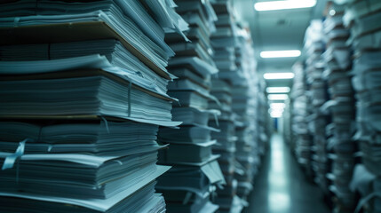 Numerous piles of papers filling a spacious office room, creating a cluttered and busy workspace environment