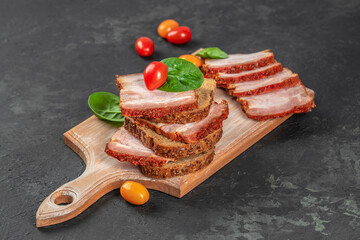 sandwich with pork ham on a wooden board, top view. copy space