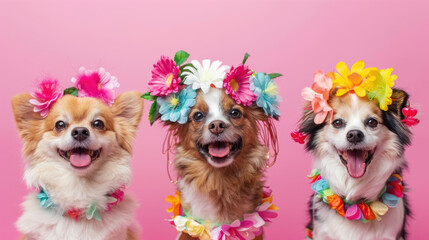 Three adorable small dogs are wearing flower crowns on a pink background, showcasing their cuteness and playful demeanor - obrazy, fototapety, plakaty
