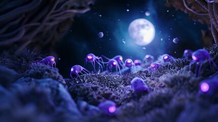 Fototapeta na wymiar Intriguing Purple Entities Crawling Out of Ground by Moonlight