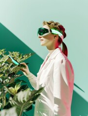 Futuristic Young Woman in Stylish Goggles Engaging with Plant Life Indoors