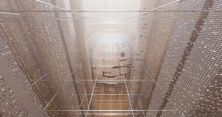 Skyscraper buildings pierce through the clouds. A futuristic city of advanced civilization. A city that goes on forever. Roads stretching in every direction. Aerial corridors. City core. 3D rendering.