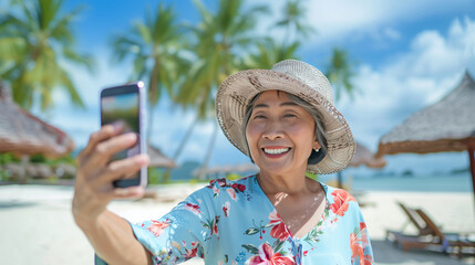 Happy elderly asian lady on holiday