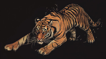 Fototapeta na wymiar Artistic tiger illustration on black background - Detailed and dynamic illustration of a tiger on a prowl, set against a stark black background
