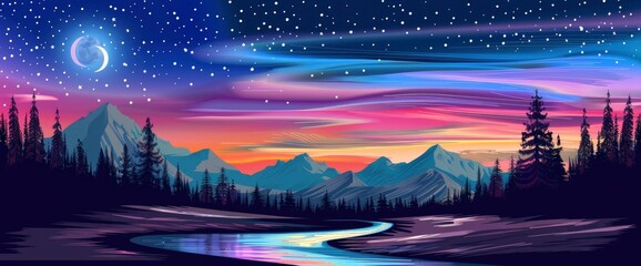 A stunning vector illustration of the night sky, featuring a serene river flowing through an ancient forest under the glow of stars and moonlight