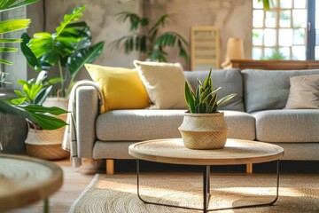A warm and comfortable well - lit clean bohemian style living room interior.. Beautiful simple AI generated image in 4K, unique.
