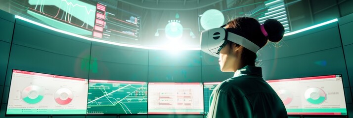 Young Asian Female Tech Professional Engaged in Futuristic Virtual Reality Interface Analysis in High-Tech Workplace Environment