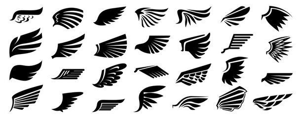 Fototapeta na wymiar Retro or vintage silhouettes of black wings with feathers and plumage. Vector isolated angel, devil or avian animal bird part of body. Costume piece, fantasy winged decor or tattoo sketch