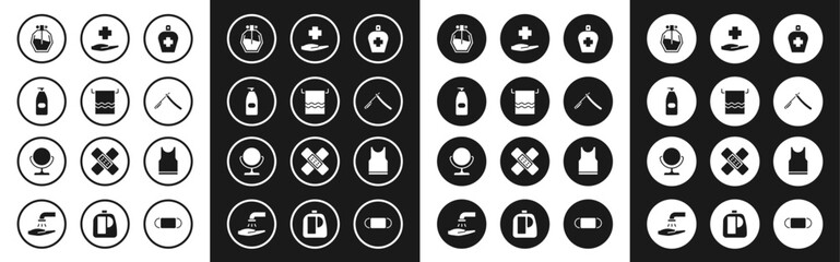 Set Bottle of liquid antibacterial soap, Towel on hanger, Perfume, Straight razor, Cross hospital medical, Sleeveless T-shirt and Round makeup mirror icon. Vector