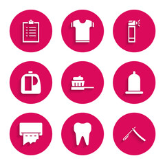 Set Toothbrush with toothpaste, Straight razor, Condom, Paper towel dispenser wall, Bottles for cleaning agent, nozzle spray and Clipboard checklist icon. Vector