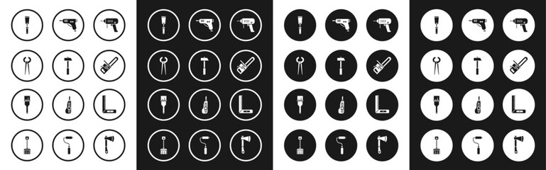 Set Electric drill machine, Hammer, Pincers and pliers, Putty knife, Chainsaw, hot glue gun, Corner ruler and Paint brush icon. Vector - obrazy, fototapety, plakaty