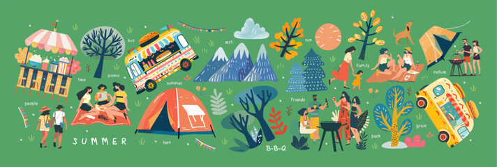 Summer festival, picnic and barbecue. Vector illustrations of park, nature, trees, resting walking people on weekends and holidays, family, camping tent, fair, bus stand selling burger and popcorn - obrazy, fototapety, plakaty