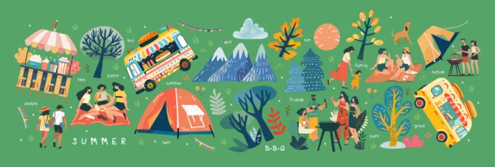 Selbstklebende Fototapeten Summer festival, picnic and barbecue. Vector illustrations of park, nature, trees, resting walking people on weekends and holidays, family, camping tent, fair, bus stand selling burger and popcorn © Ardea-studio