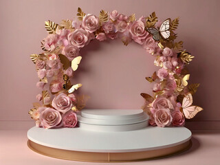 pink rose and golden leaves with pinl background 