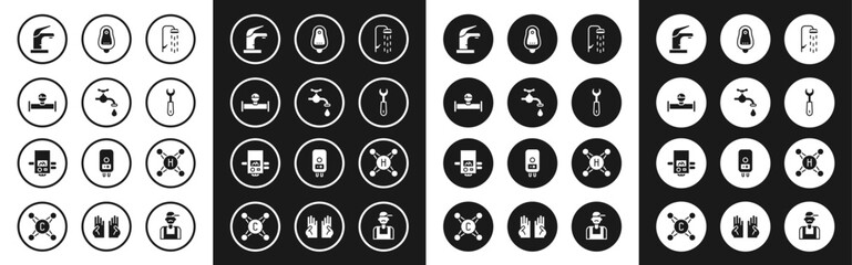Set Shower, Water tap, Industry pipe and manometer, Wrench spanner, Toilet urinal or pissoir, and Gas boiler icon. Vector