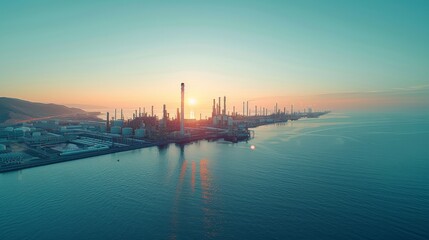 Sunset Glow Over Coastal Industrial Landscape with Oil Refinery Structures