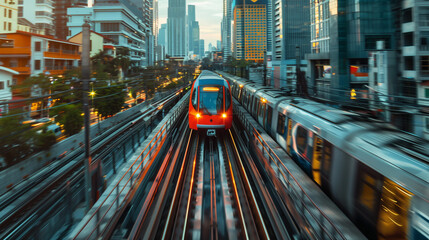 Fototapeta na wymiar Two Trains Passing in City