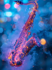 Glowing Cyber Saxophone Against a Futuristic Neon Backdrop - 785339164