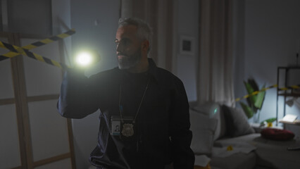 A bearded man inspects a dimly-lit room with a flashlight, surrounded by crime scene tape and...