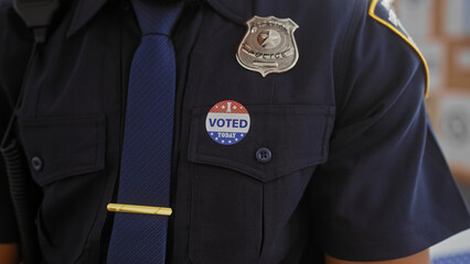Close-up of an american police officer with a 'voted' sticker, symbolizing civic duty and law...