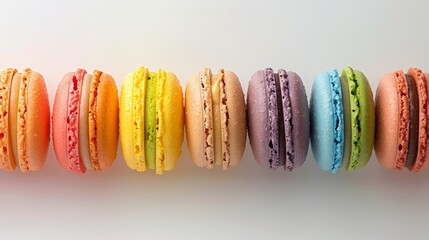 Minimalist lineup of pastel-colored macarons in a rainbow sequence on a white background, symbolizing the sweetness and unity of the LGBTQ community