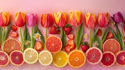 Vibrant tulips and fresh citrus fruit composition on a pink background, capturing the freshness and...