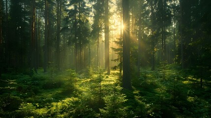 Serene Dawn in the Swedish Woods. Concept Nature Photography, Sunrise Views, Forest Landscapes - obrazy, fototapety, plakaty