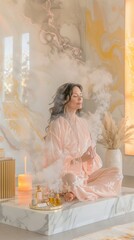 Serene Middle-Aged Woman in Ethereal White Attire Meditating at Home