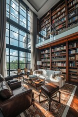 Fototapeta na wymiar A cozy, stylish modern library with large floor-to-ceiling windows and tall cabinets full of a variety of books. Hobby, leisure and education concept