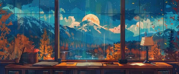 A warm and cozy room with an open window overlooking the autumn landscape, where you can see mountains, forests, rivers, boats, clouds in orange blue tones at night - obrazy, fototapety, plakaty
