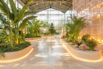 Fototapeta na wymiar Serene Sunlit Modern Greenhouse Interior with Tropical Plants and Warm Ambient Lighting