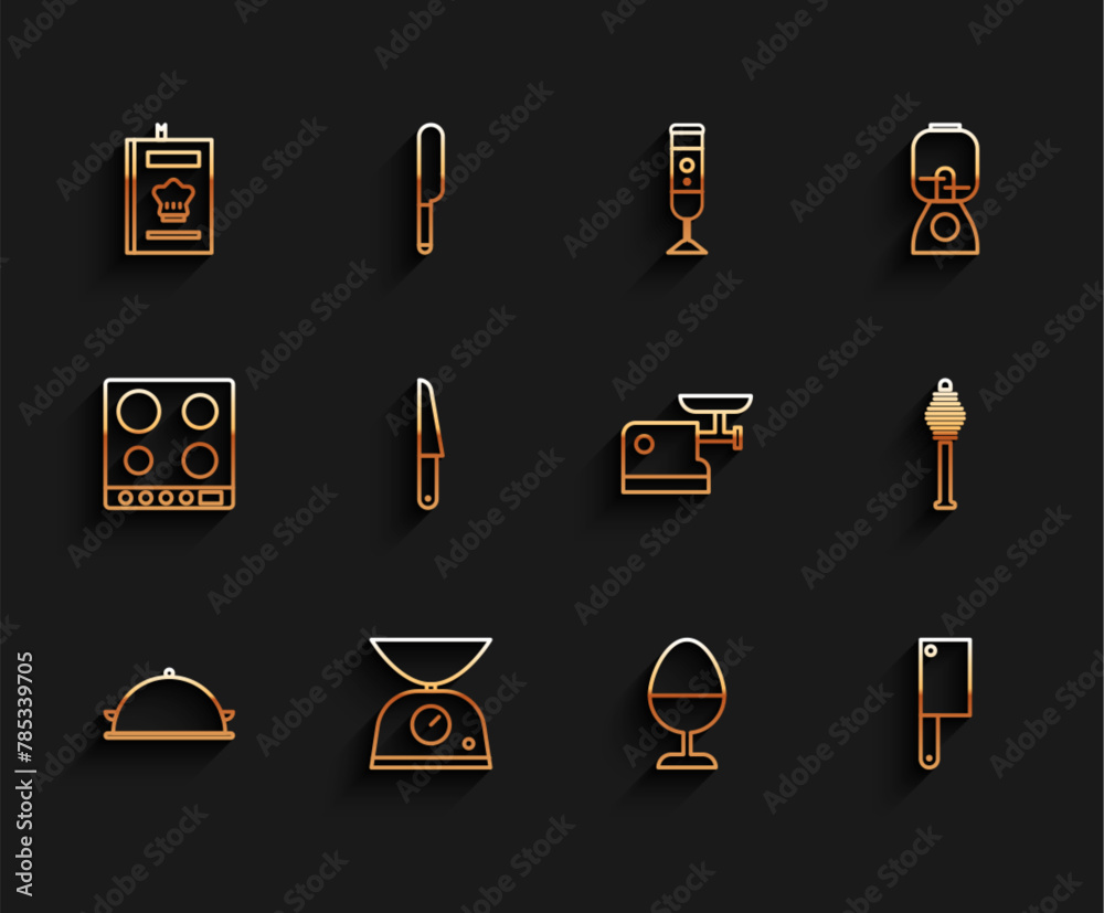 Poster Set line Covered with a tray of food, Scales, Cookbook, Chicken egg on stand, Meat chopper, Knife, Honey dipper stick and Kitchen meat grinder icon. Vector