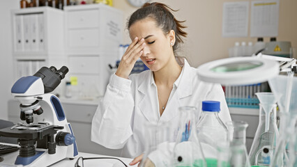 Stressed latina scientist woman in lab with microscope and equipment feeling headache