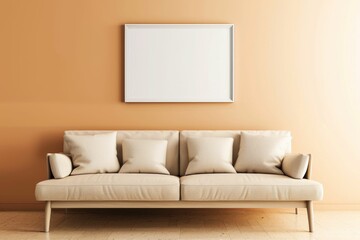A light-colored guest room featuring a sofa, two armchairs, and a mockup blank white poster. Beautiful simple AI generated image in 4K, unique. - obrazy, fototapety, plakaty