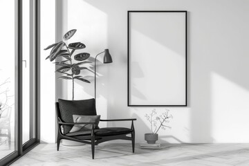 Mock Up Poster Frame Living Room Interior Background - 3d Render, 3d Illustration. Beautiful simple AI generated image in 4K, unique.