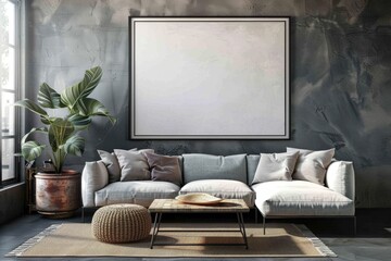 Mock-up of a poster frame with a background of a living room in warm, gray tones in a home... Beautiful simple AI generated image in 4K, unique.