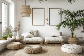 A light-colored guest room featuring a sofa, two armchairs, and a mockup blank white poster. Beautiful simple AI generated image in 4K, unique.