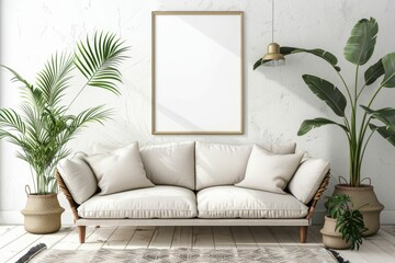 Living room - on the wall an empty picture frame. Beautiful simple AI generated image in 4K, unique. - obrazy, fototapety, plakaty