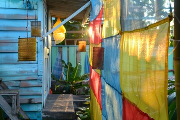 Warm Sunset Glow on a Cozy Tropical Porch with Colorful Curtains and Hanging Lanterns
