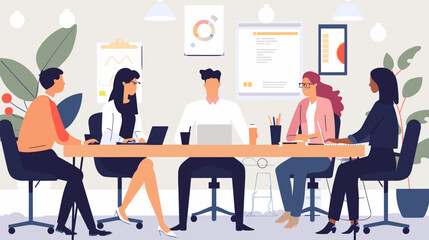 Diverse business team collaborating in office meeting, working together on project, sharing ideas and brainstorming solutions, flat vector illustration of teamwork and cooperation concept with group o