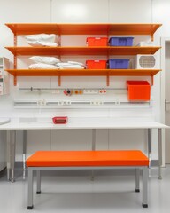 Organized Medical Supply Room with Empty Bench and Shelving