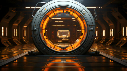 Futuristic spaceship interior with glowing lights. 3d render illustration
