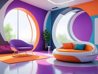 Futuristic Living Room with Vibrant Colors, Modern Furniture, and Innovative Design Elements.